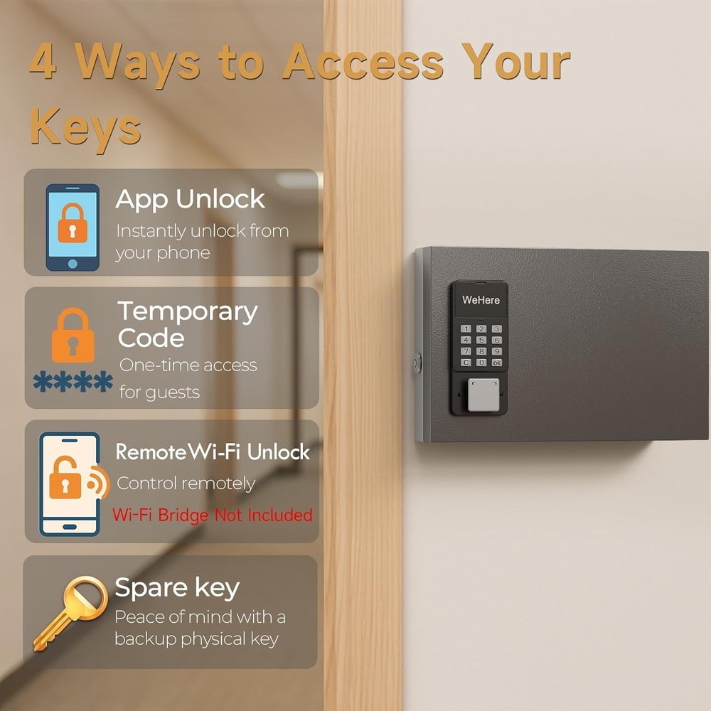 24 Key Lock Box Wall Mount, APP Bluetooth/OTP/Wi-Fi/Fixed Code/Key Unlock, Smart