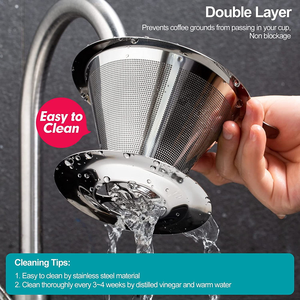 Stainless Steel Pour Over Coffee Dripper with Reusable Double Mesh Filter