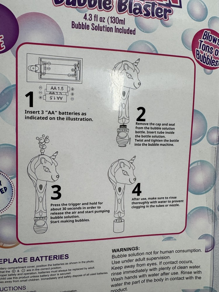 Unicorn Bubble Blower Toy Wand 9” Includes Soap Solutions New