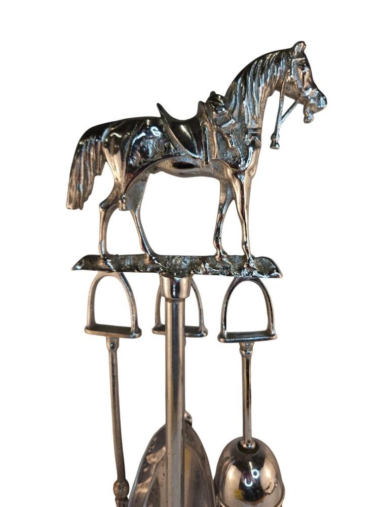 Vintage Chrome Horse Tabletop Equestrian Themed Fireplace Tool Set