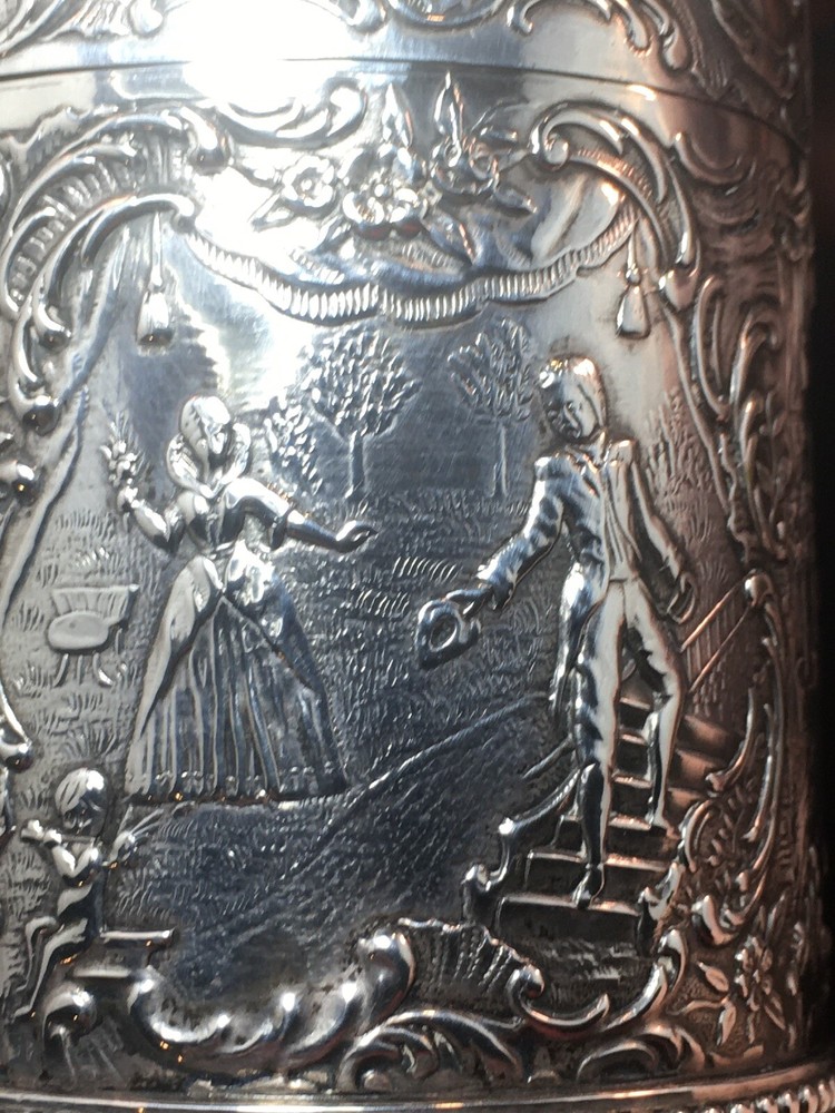 800 Silver Tea Caddy Hanau Germany Romantic Scenes Unusual Form 169 Gr