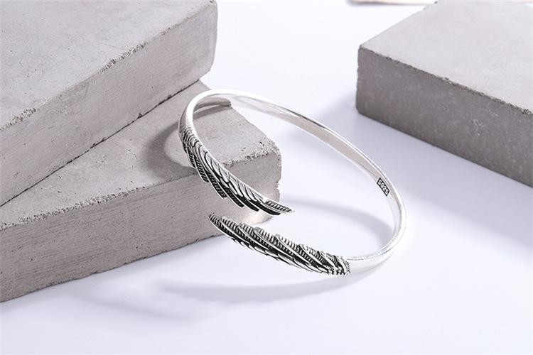 Bracelet Retro Thai Silver Feather Bangle 925 Sterling Silver Trendy Wing Open