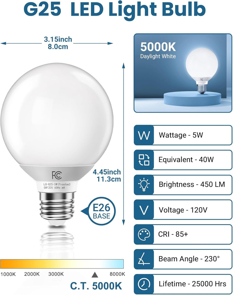 G25 LED Globe Light Bulbs, Vanity Light Bulb for Bathroom 40W Equivalent, 5000K