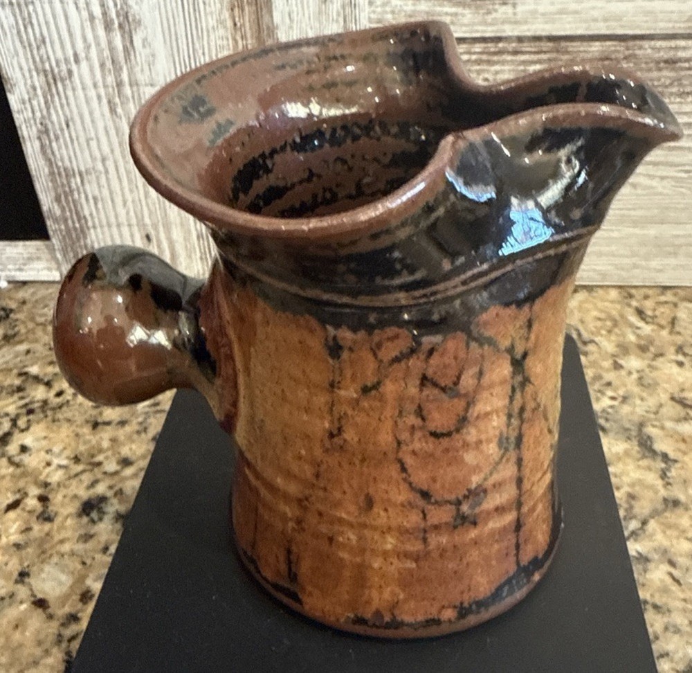 Handmade Pottery Pitcher, Brown/Rust Glaze, Knob Handle, Signed Rustic