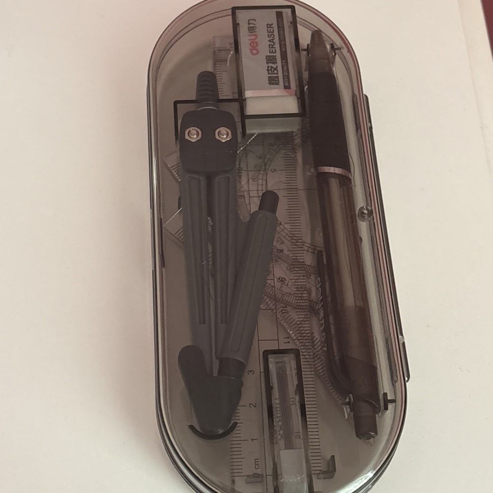 Pencil Box Math Geometry Kit 8 Pieces Compass, Protractor Rulers Lead Refills