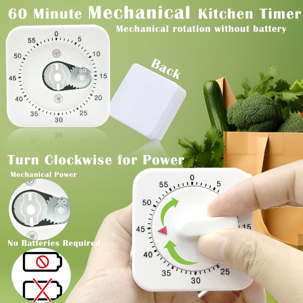 1/2x Square 60 Minute Mechanical Kitchen Timer Easy to Use Visual Cooking Timer