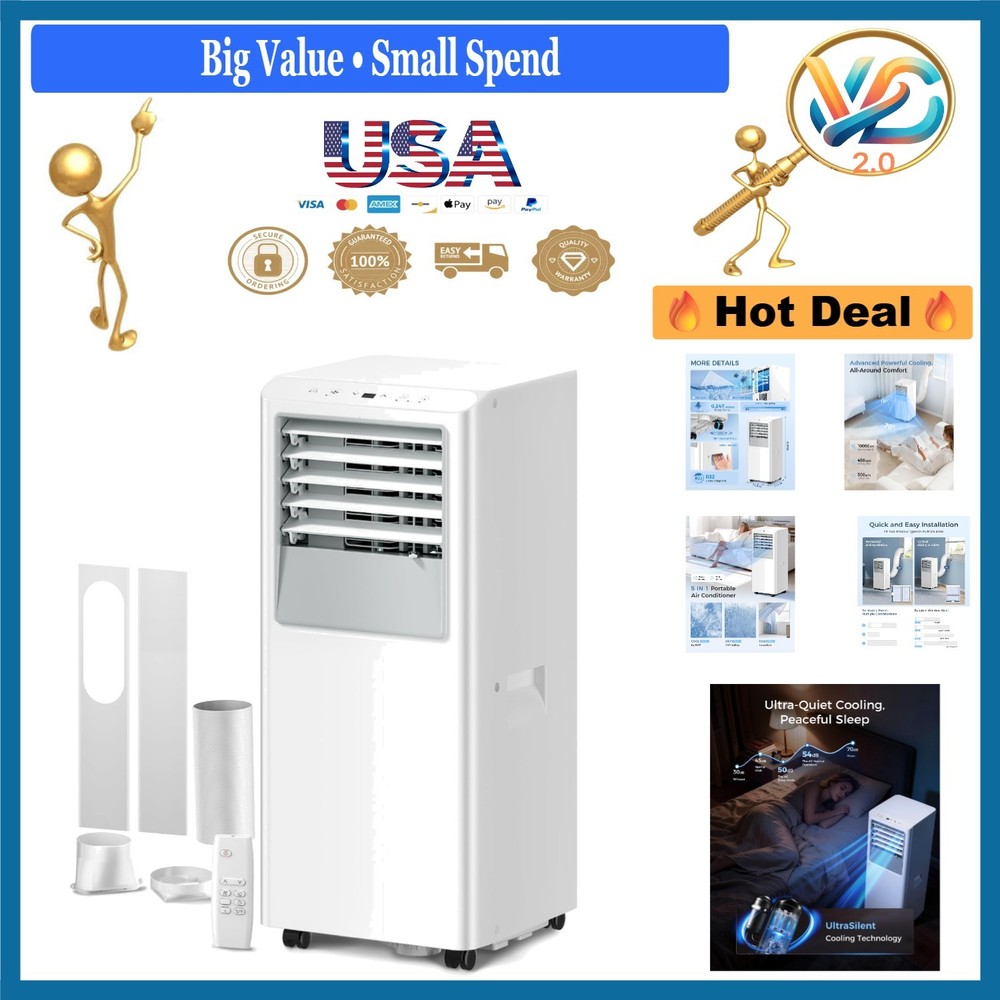 10000 BTU Portable Air Conditioner 5-in-1 Quiet Fan Dehumidifier Remote