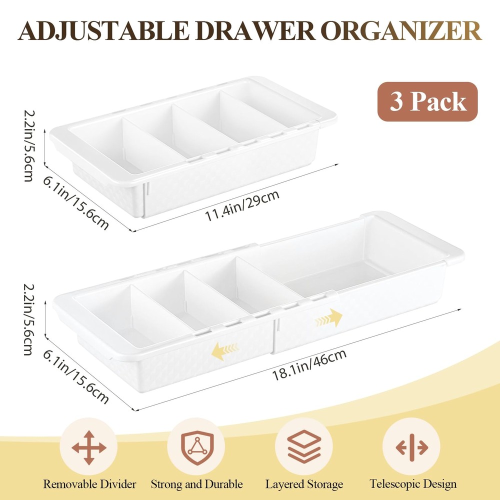 Adjustable Drawer Organizer 3-Pack, 11.4"-18.1", Deep, Expandable Storage Bins