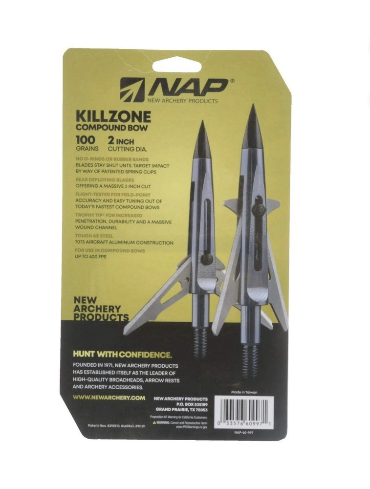 3-Pack NAP Killzone Mechanical Broadheads Compound Bow 100gr 2” Cut • Silver