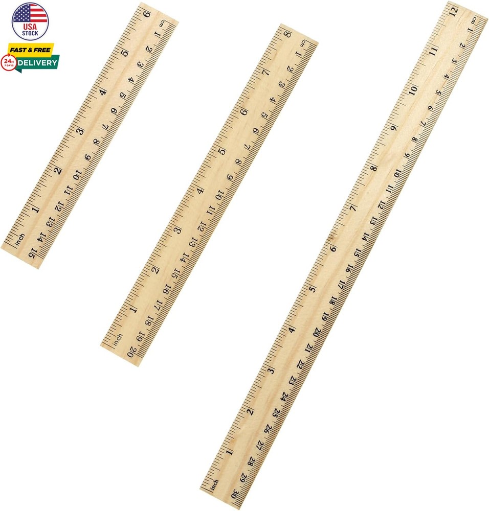 3 Pack Wooden Ruler Set 6" 8" 12" High Quality Metric Ruler Durable Sturdy Draw