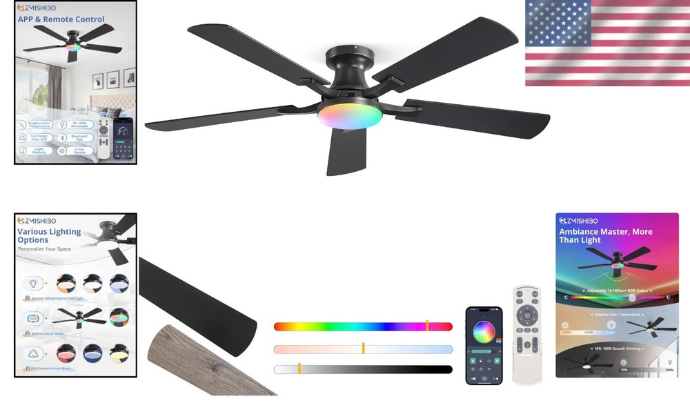 Modern 52" Ceiling Fan - RGB LED Light, Low Profile