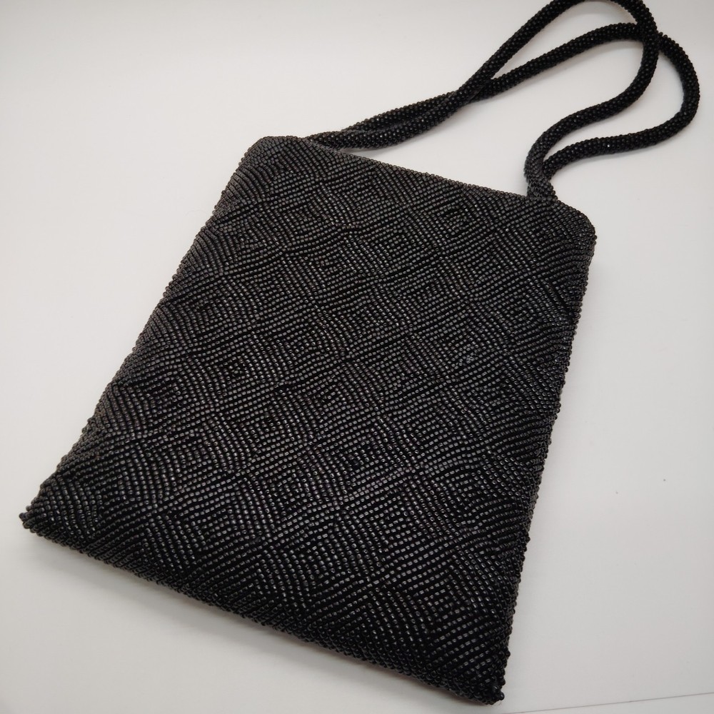 Vintage Talbots Black Small Beaded Bag & Handles Checkered Designed