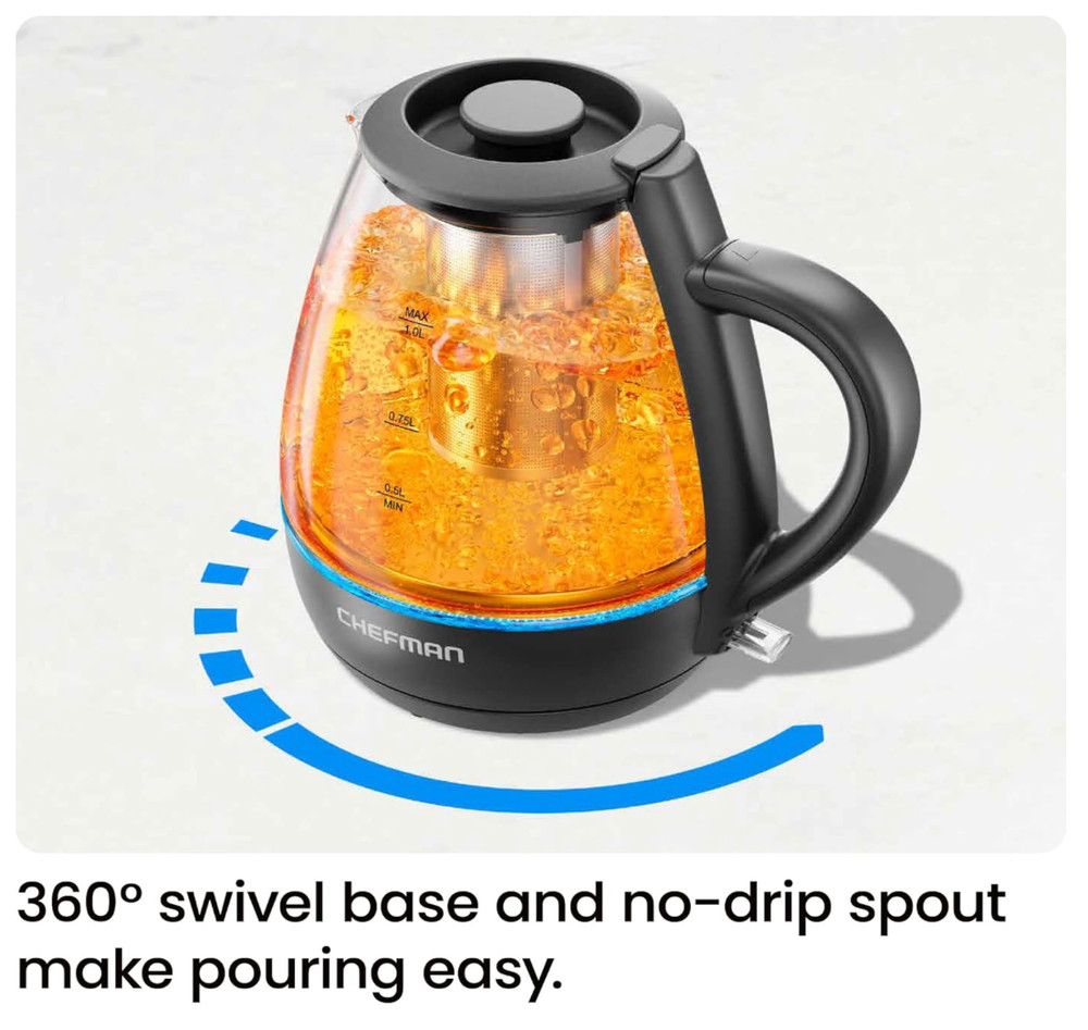 Chefman Electric Kettle with Tea Infuser, Compact 1L (4 Cups), 1500W, Removable
