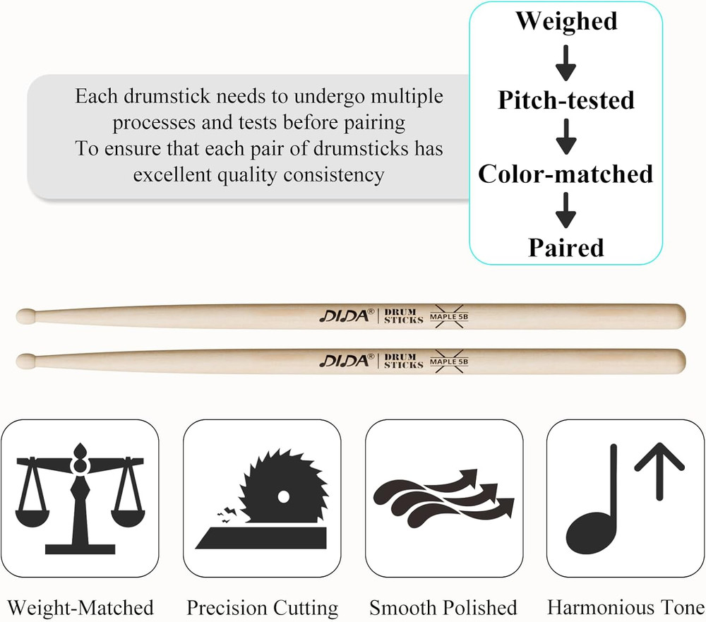 Drum Sticks, Drumsticks for Drum, Maple Wood Drumsticks, Tip 5b, 1 Pair