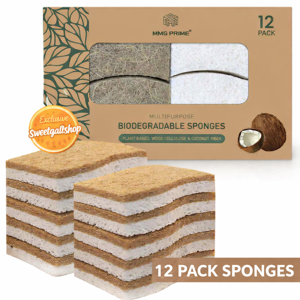 Eco Friendly Kitchen Sponges 12 Pack – Compostable Cellulose Coconut Scrubbers