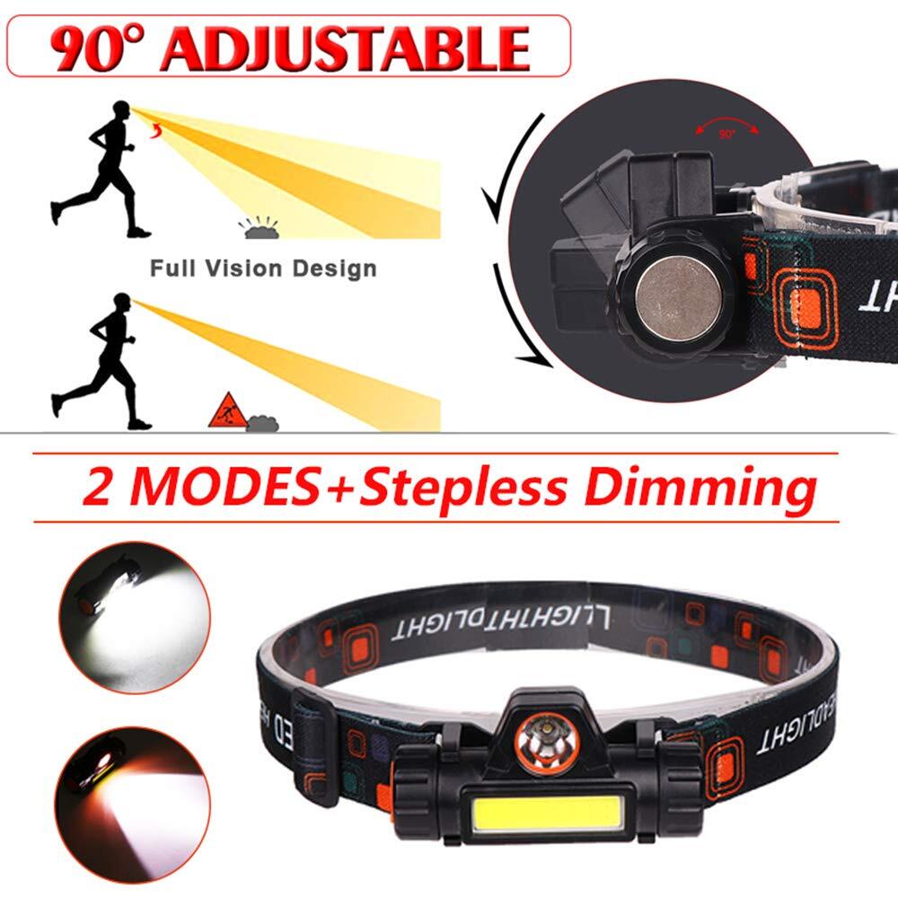 2 Pack Rechargeable Forehead Head Light Night Walking Construction Headlamp Usb