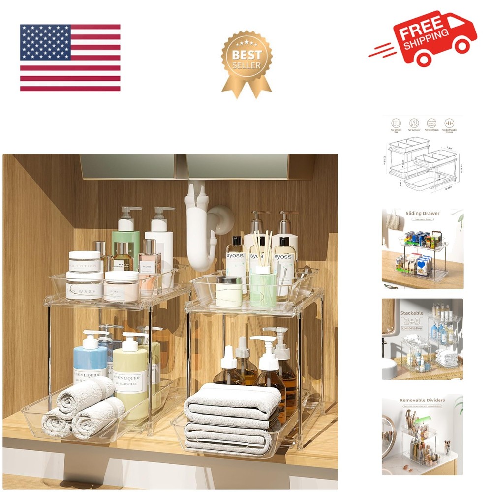 Elegant 2 Pack Clear Under Sink Organizer with Pull-Out Drawers for Toiletries
