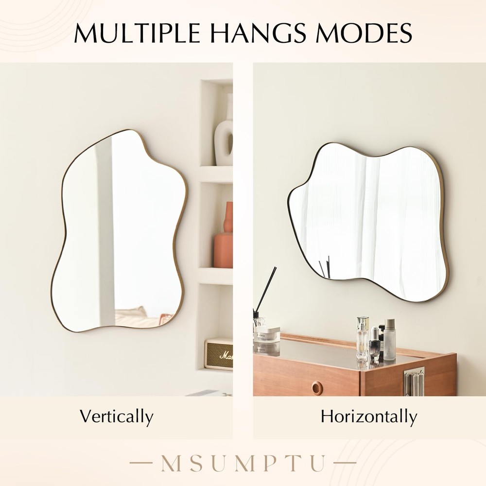 Irregular Wall Mirror Brass Wave Shaped Metal Framed Wall Mirror for Bathroom...