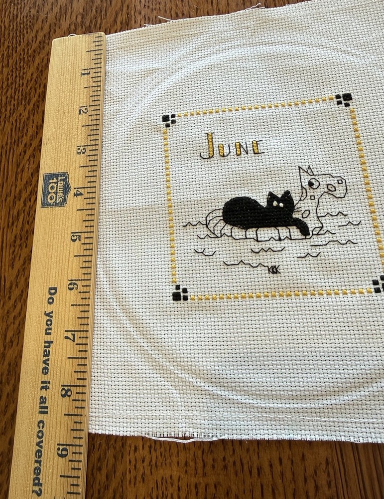Handmade Counted Cross Stitch June Cat 9”x 9” 4” x 4”