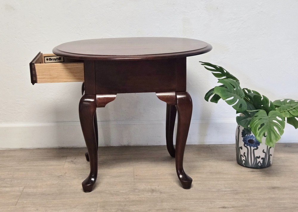 Broyhill Cherry Oval End Table-Queen Anne Single Drawer Oval Solid Wood