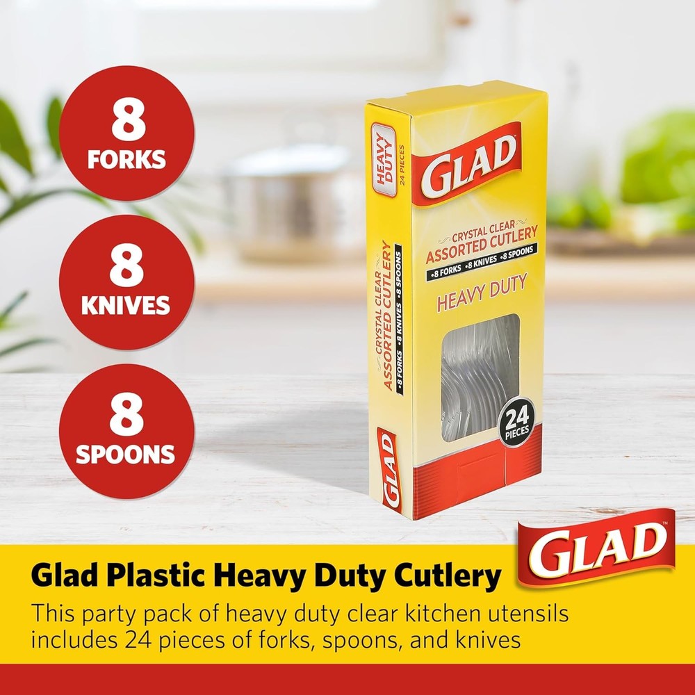 Glad 24 Count Plastic Cutlery Set – Clear Forks, Knives & Spoons