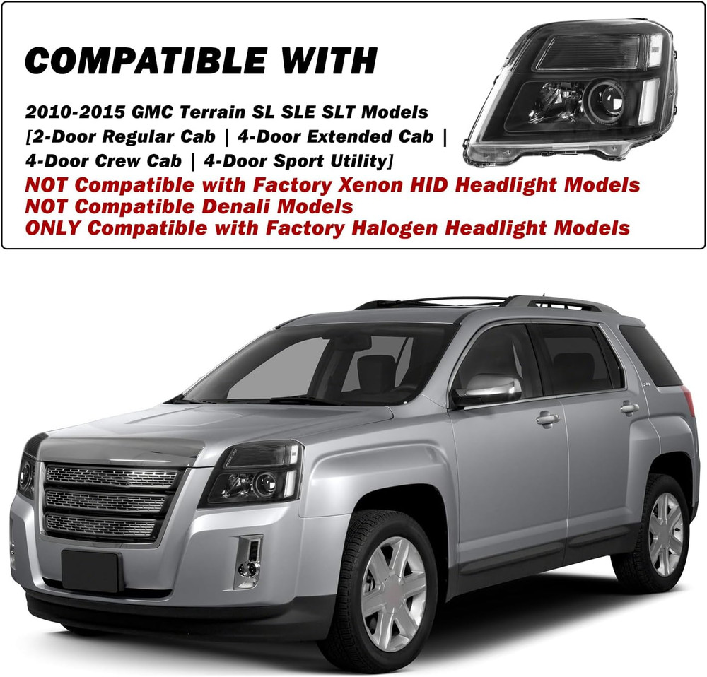 Headlight Assembly Fit for 2010-2015 GMC Terrain SL SLE SLT Halogen Projector Fa