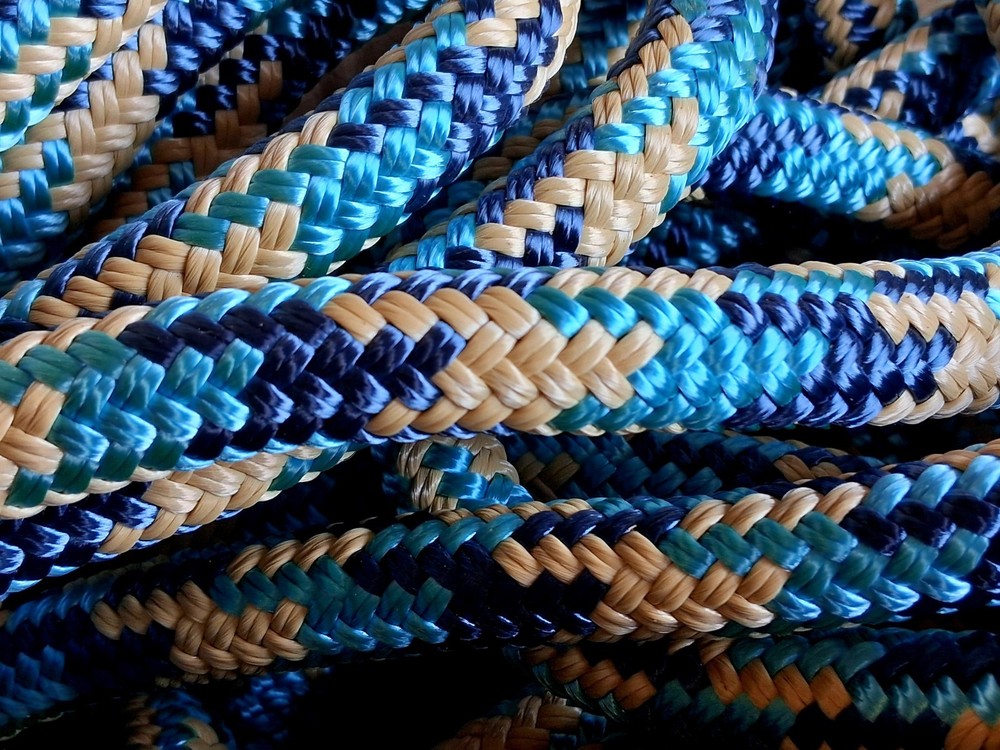 9/16 " x 200 ft. Double Braid-Yacht Braid Polyester Rope . Denim/Light Blue/Tan.