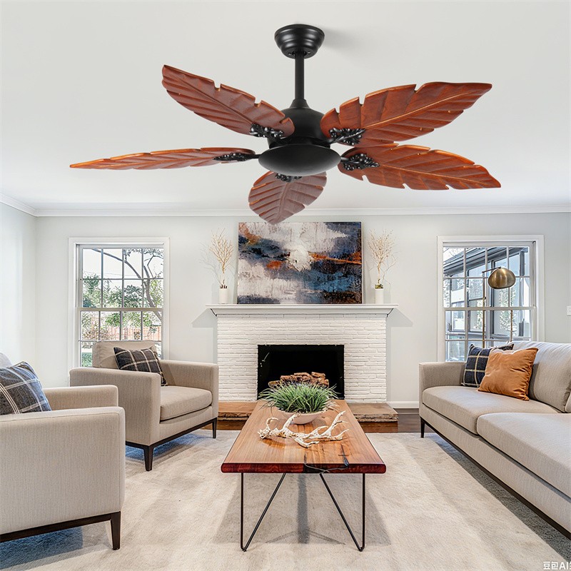 52" Tropical Ceiling Fan No Light 5 Solid Wood Palm Leaf Blade Reversible