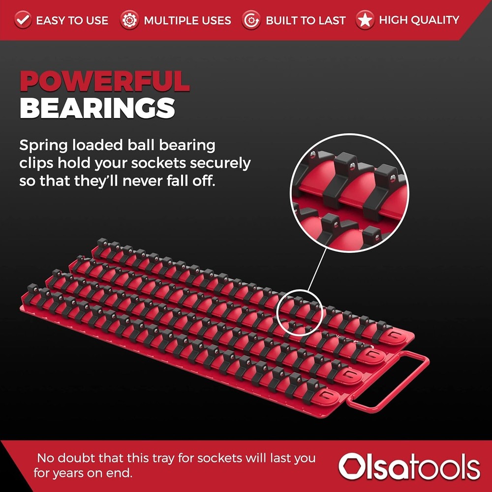 Olsa Tools Socket Organizer Tray - Portable Red Rail with Black Clips