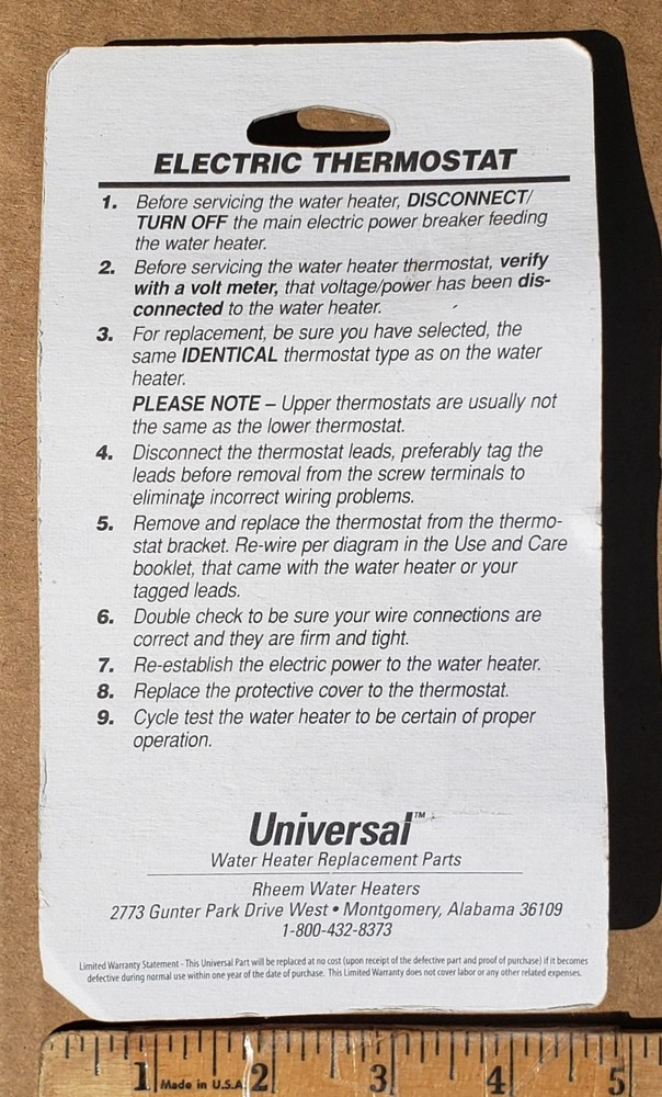 Universal UV13359 Electric Water Heater Upper Thermostat Richmond RP13359 WH10A