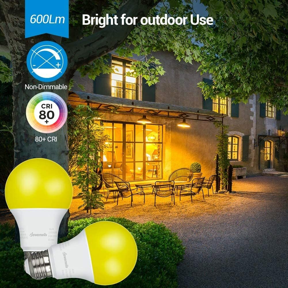 DEWENWILS LED Bug Light Bulbs Outdoor 4 Pack A19 Yellow Light Bulb 600LM E26