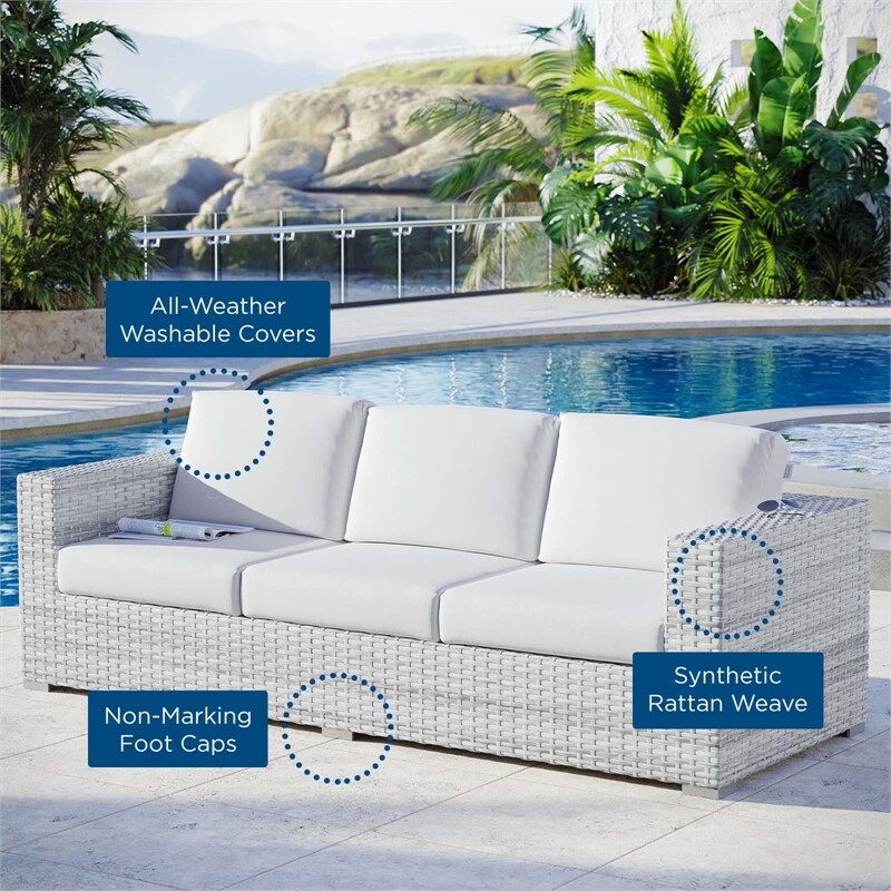 Modway Convene Fabric & Rattan Patio Sofa in Light Gray & White