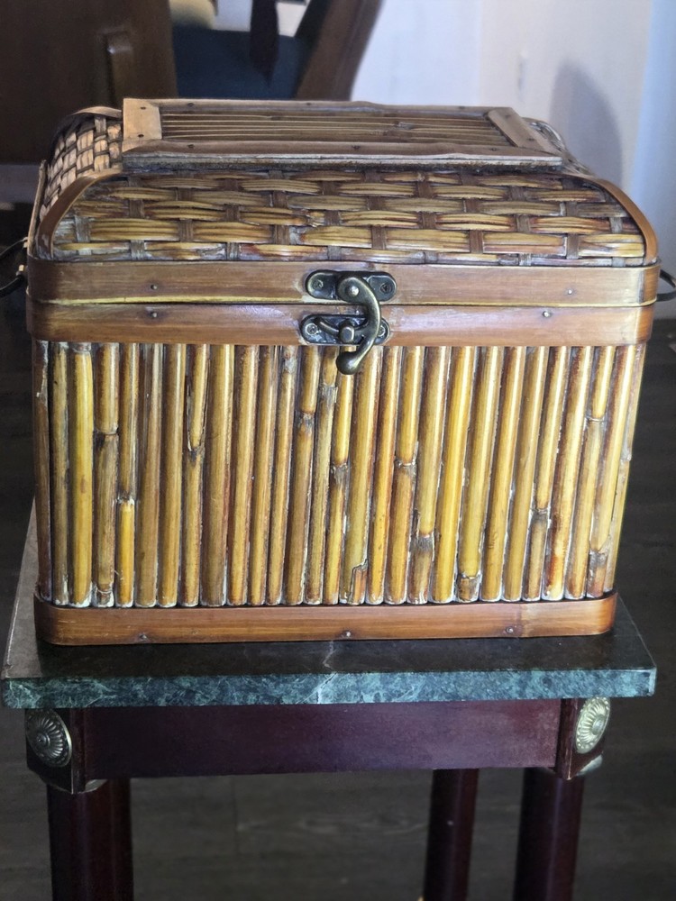 Vintage Bamboo Trunk With Brass Lock And Dome Lid