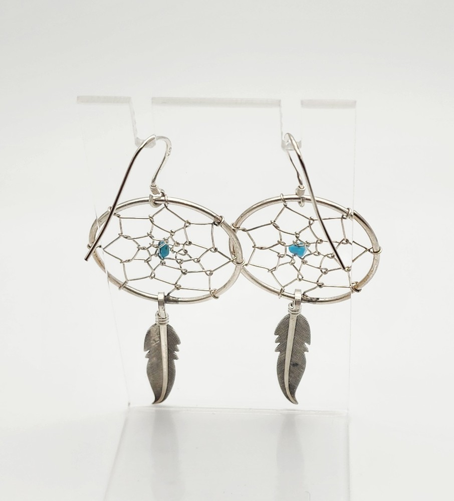 Vintage Sterling Silver Turqoise Chip Native Dreamcatcher Dangle Earrings