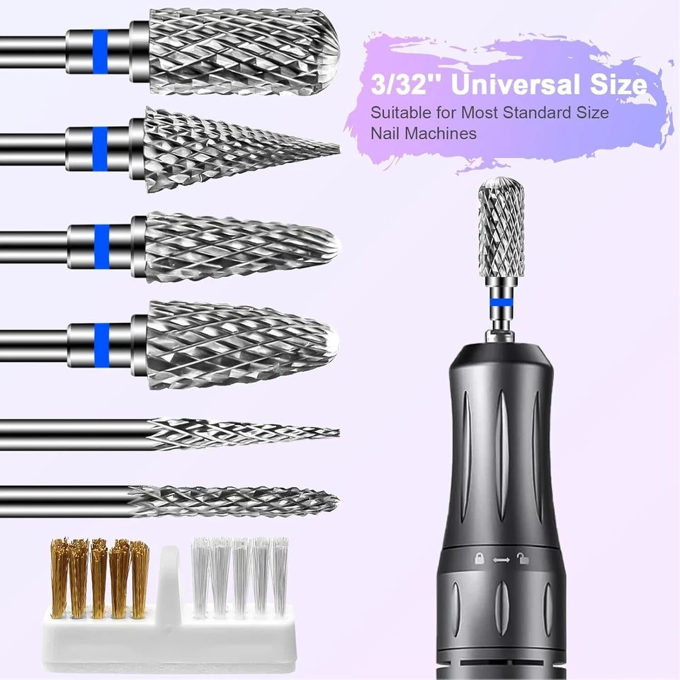 6 Pack Nail Drill Bits for Acrylic Nails, 3/32" Shank Drill Bits for Nails Pr...