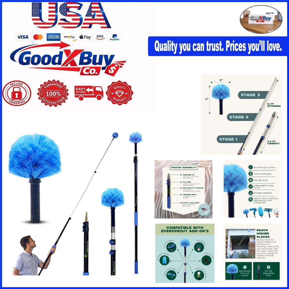 Lightweight Telescoping Cobweb Duster with Extension Pole 20ft  – Indoor Outd...
