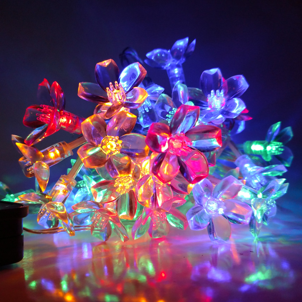 Solar Powered Peach Blossom String Lights - 30 LED Multi Colored, 8 Modes