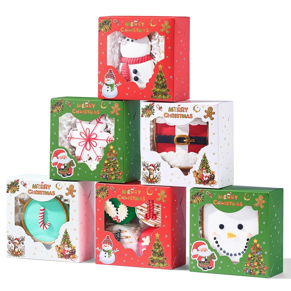 24PCS 4x4x2 Inch Christmas Bakery Boxes(3 Patterns, Clear Window) Ideal for P...