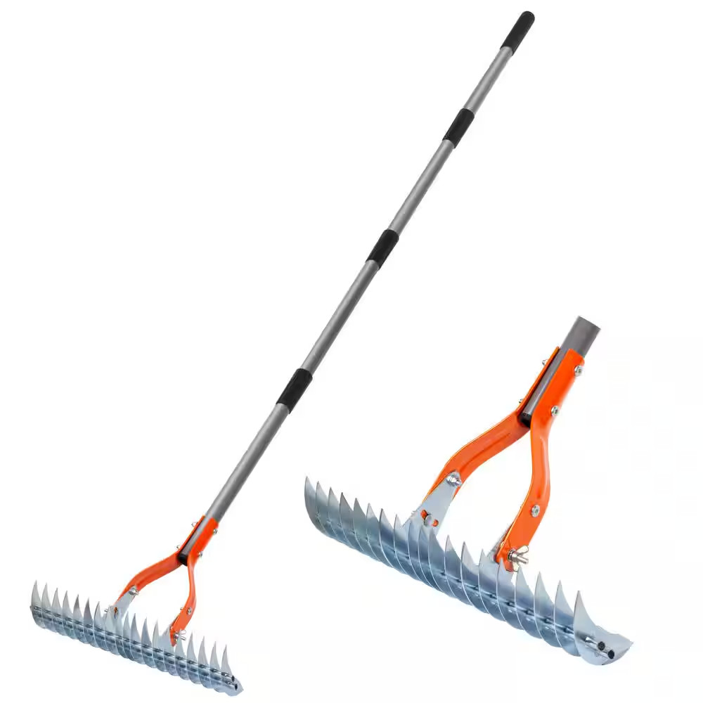 70 In. Adjustable Steel Handle Thatch Rake With19 Tines, Back Saving Lawn Thatch