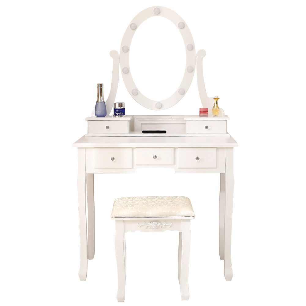 AUTOFOREVER White with light bulb 5 drawers 1 mirror dressing table set