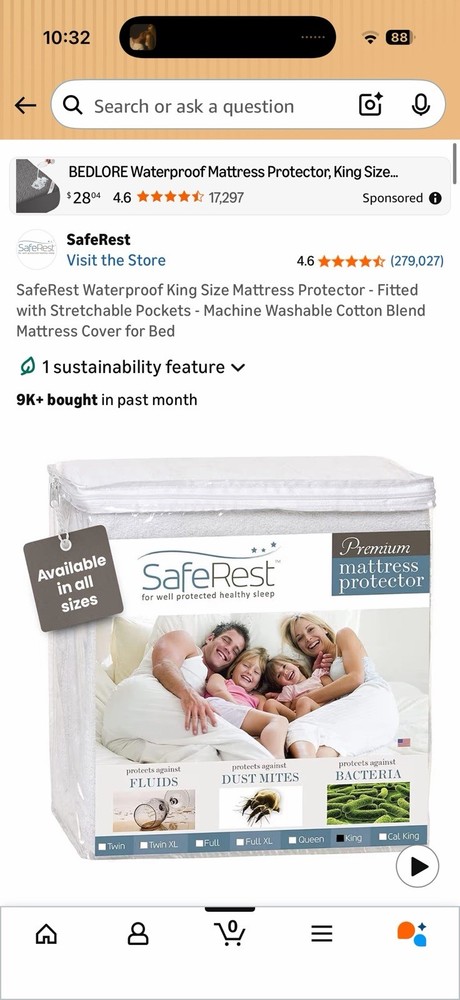 SafeRest King Waterproof Bed Bug Cotton Blend Mattress Protector White