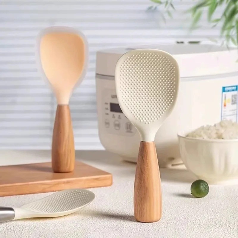 Silicone Rice Spoon with Wood Handle Heat Resistant Kitchen Rice Paddle