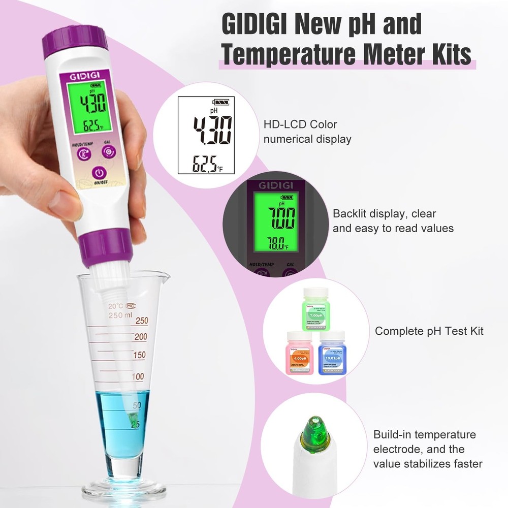 pH Meter Food Digital Electronic pH Tester for Fermentation 3*50ml pH Buffer ...