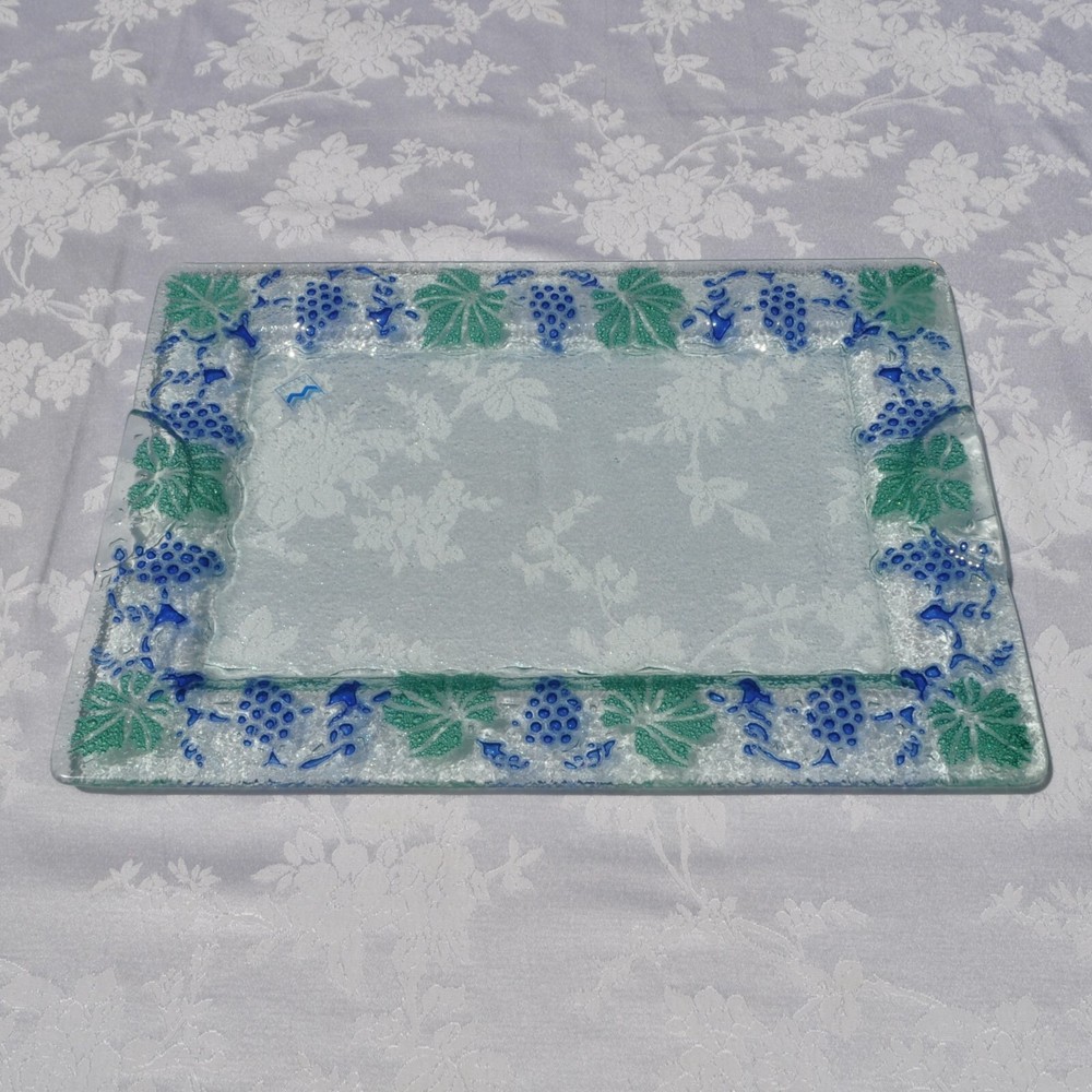 Murano Glass Centerpiece Rectangular Serving Dish Grapes & Leaves 20"x12" NEW