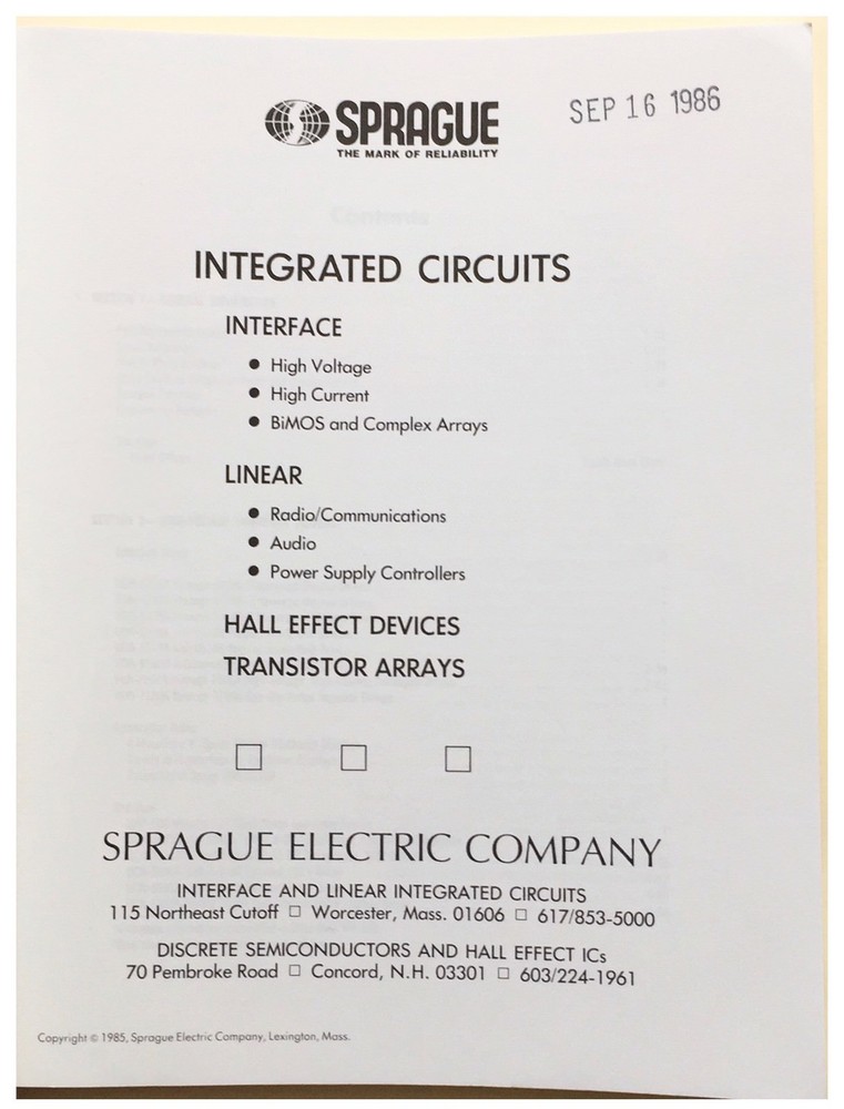 Sprague - Integrated Circuit, Supplement 1, Data Book 1985