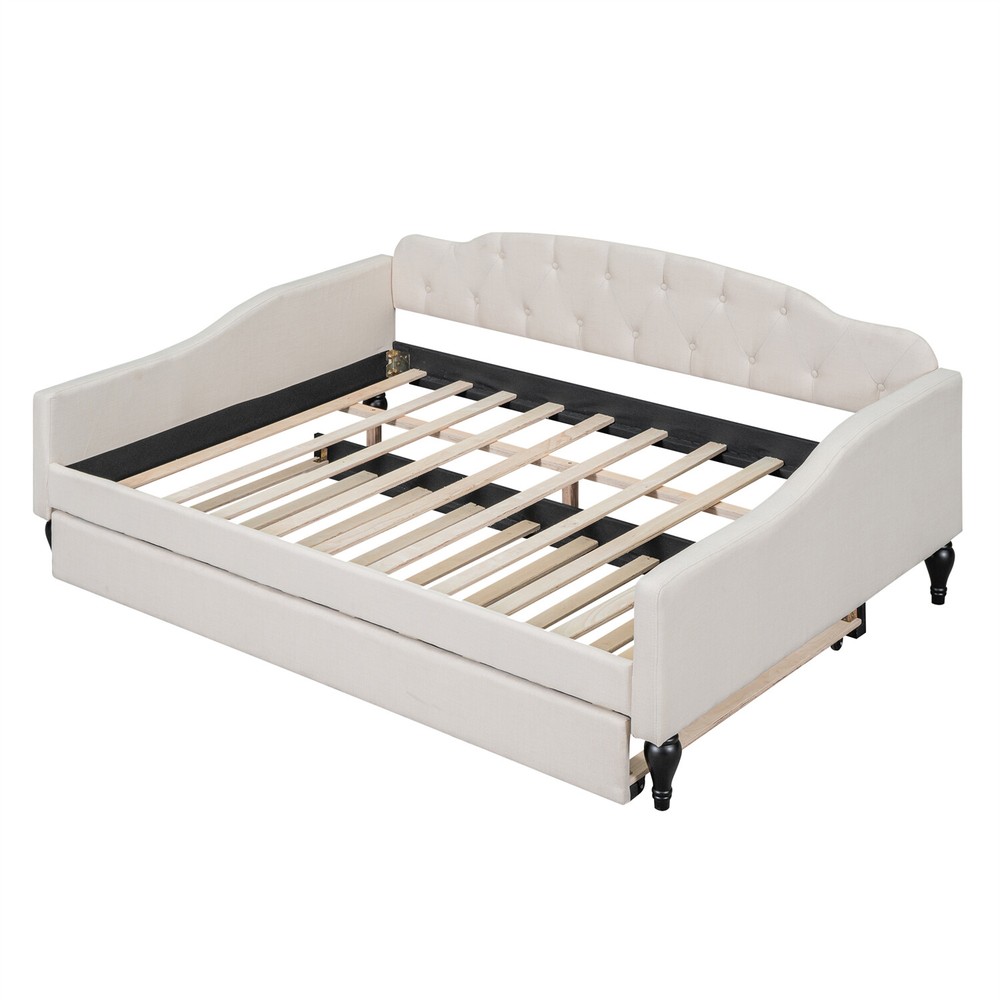 Full Size Daybed w/ Pull-Out Trundle Bed Upholstered Bed Frame Sofa Bed Beige US