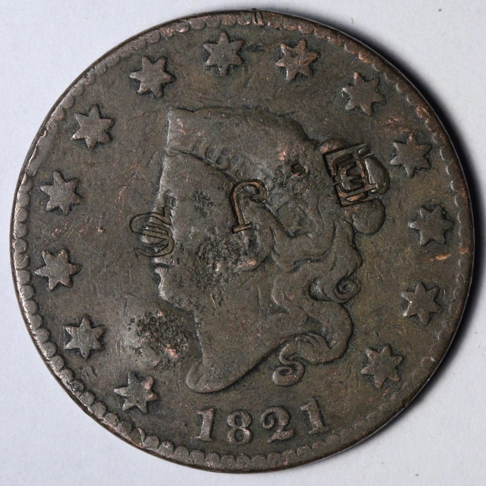 1821 Key Date Coronet Head Large Cent Counterstamp "EJS" E140 XSCP