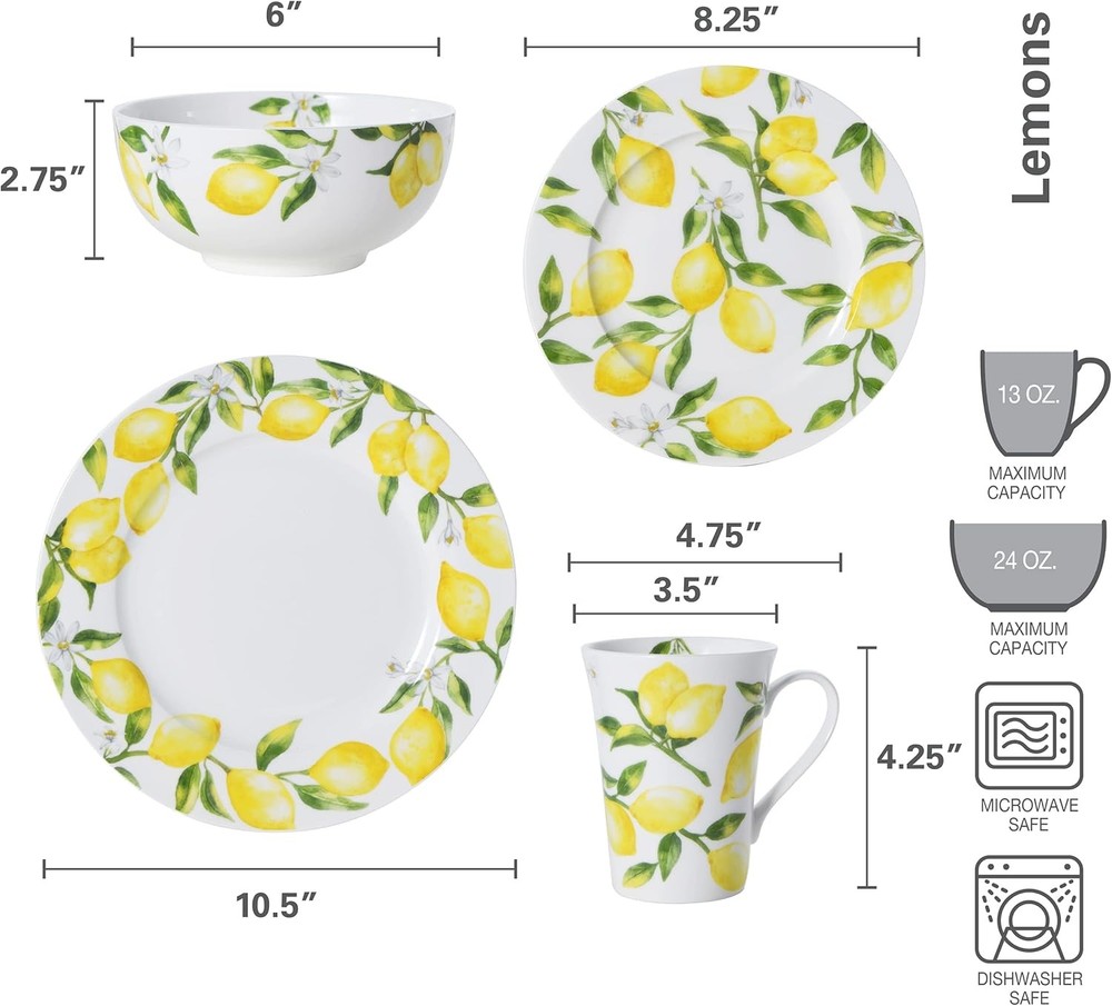 Lemons 16-Piece Dinnerware Set Service For 4 Multicolor