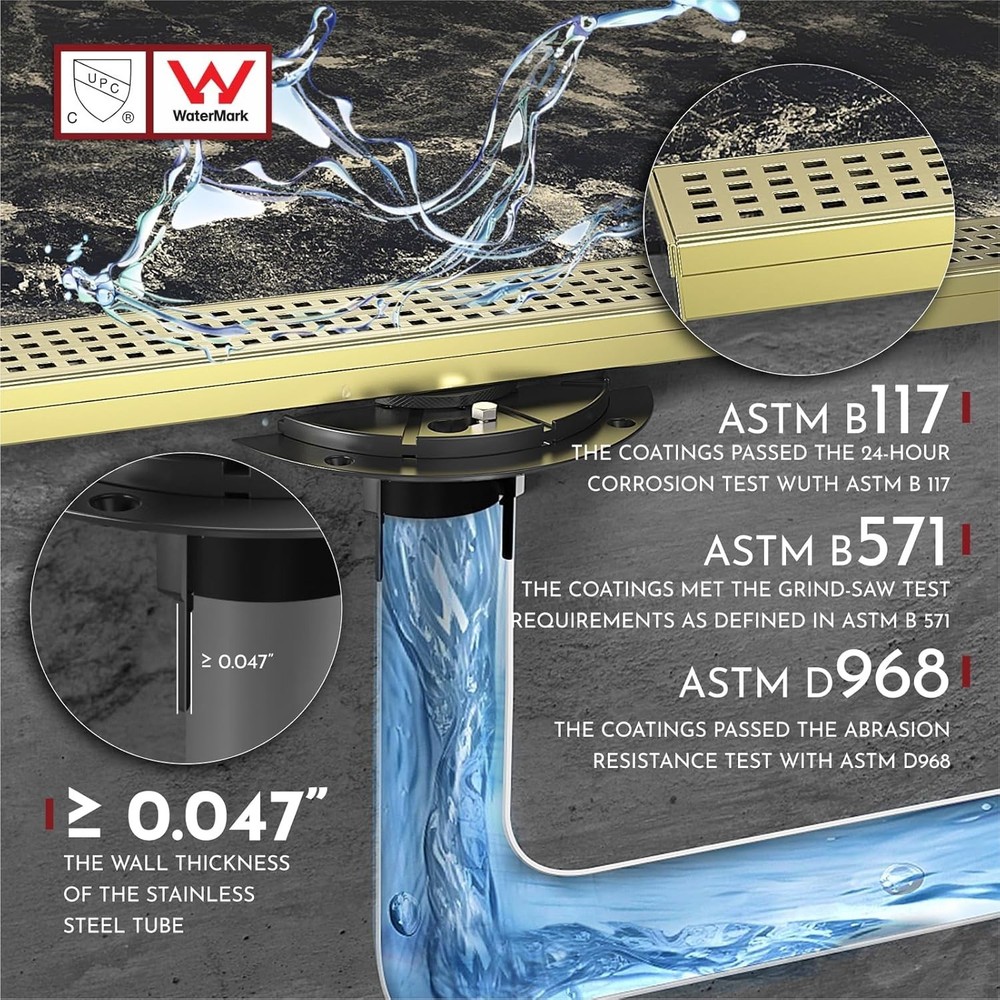 24" Linear Shower Drain, Gold Rectangular Floor Drain with accessories