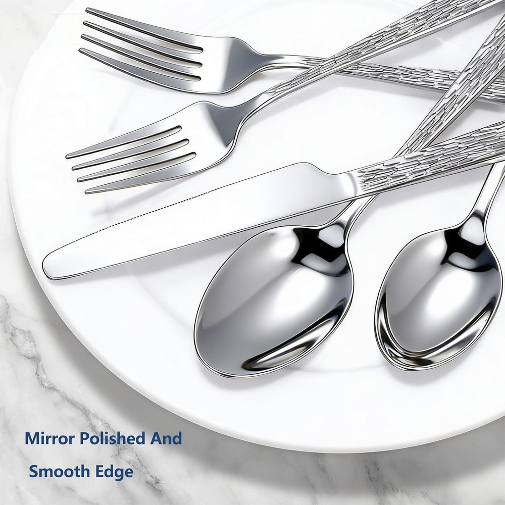 60-Piece Hammered Silverware Set for 12 Stainless Steel Flatware Tree Pattern ..